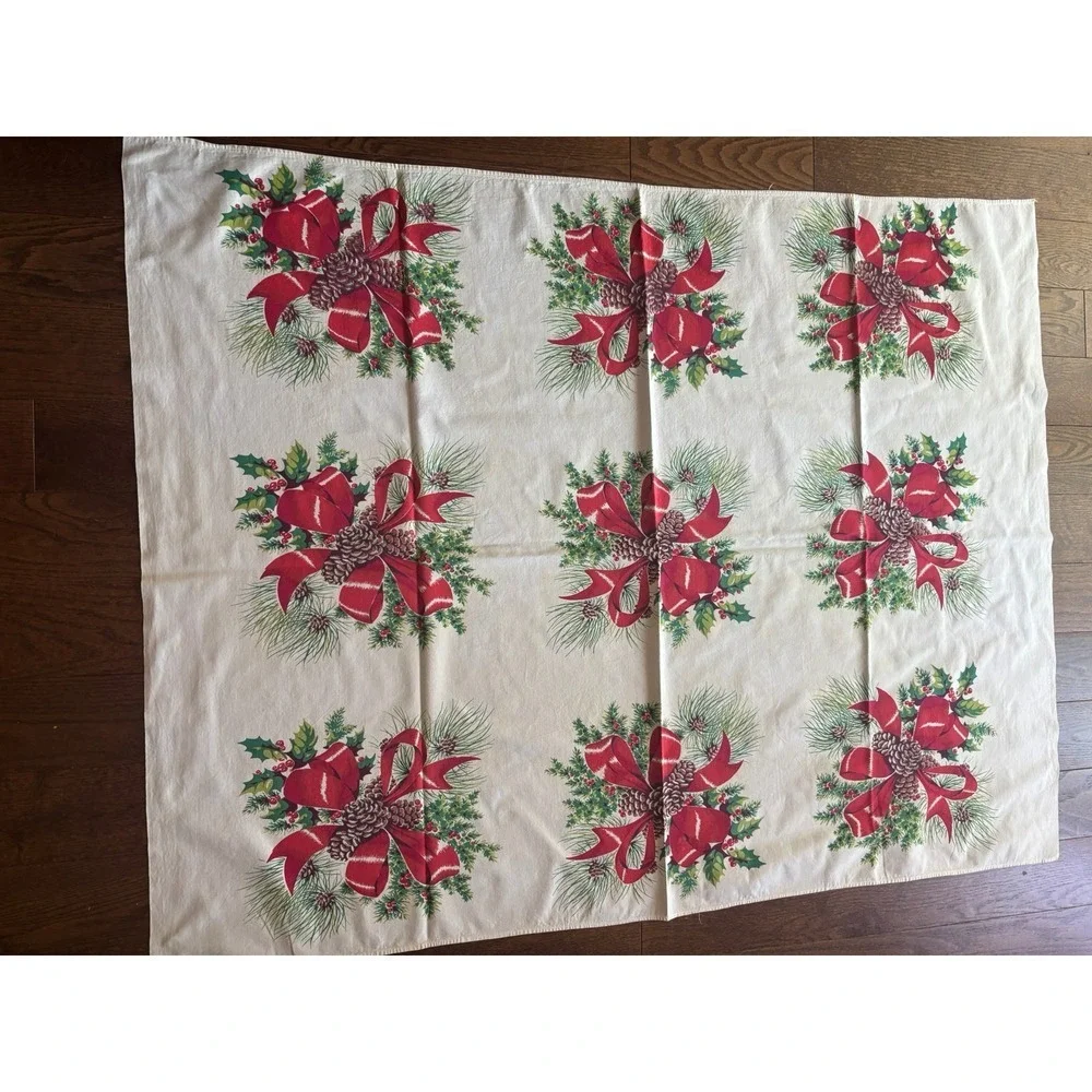 Vintage Christmas Tablecloth Red Bow Pinecone Holly Berry Evergreen Cream Print